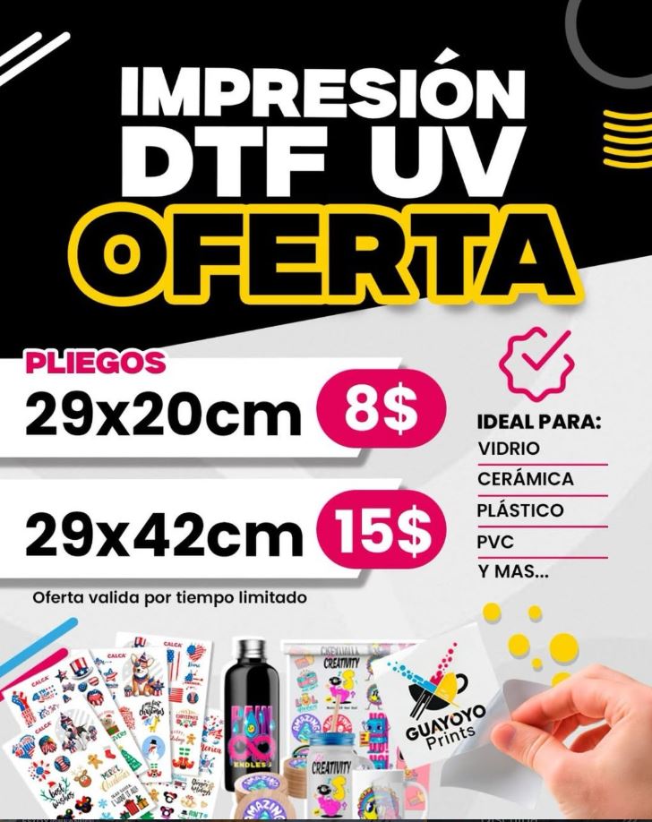 Publicidad de la oferta de impresión DTF UV: pliegos de 29×20 cm a $8 y 29×42 cm a $15