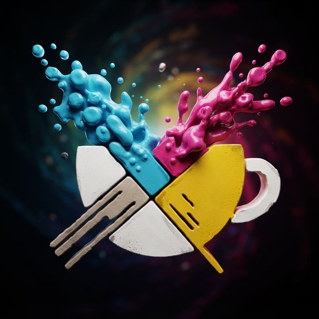 Logo de Guayoyo Prints con salpicaduras de tinta cian, magenta y amarilla